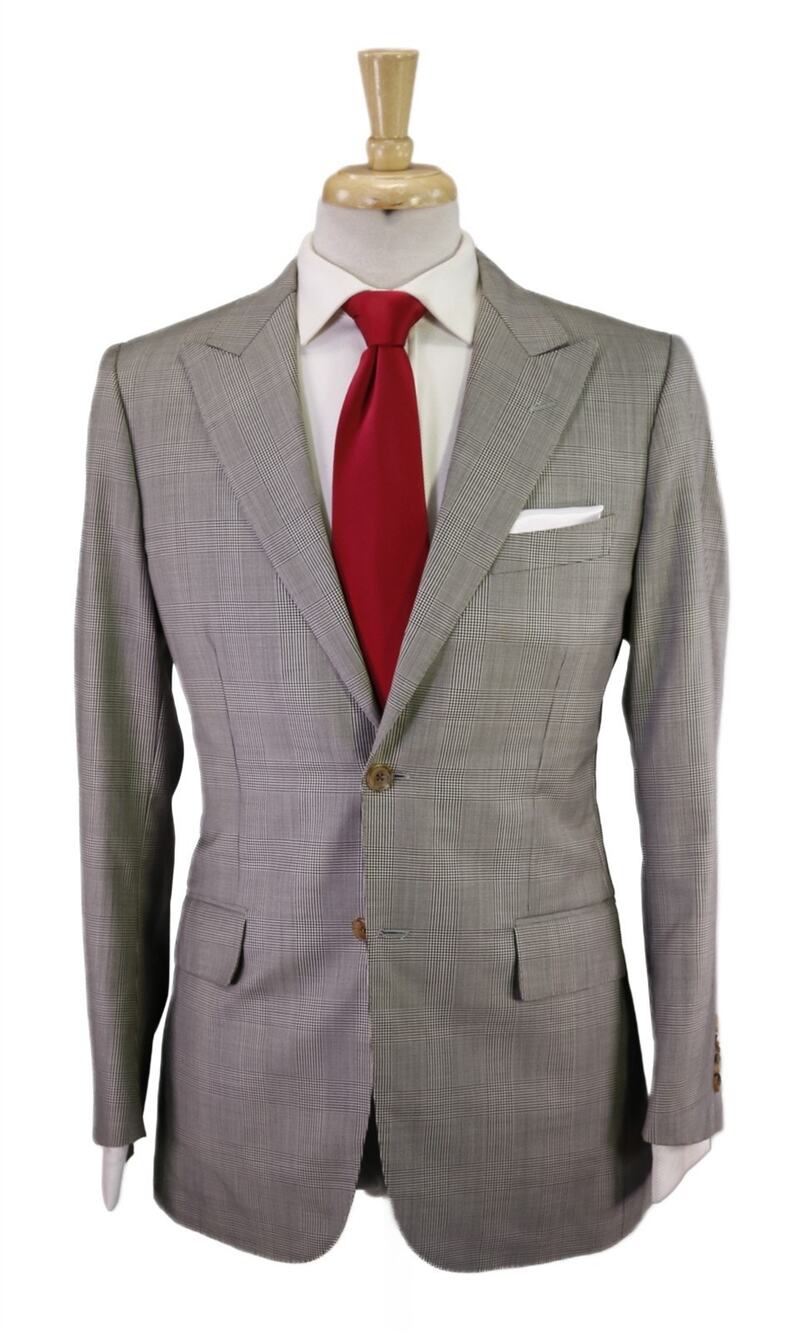 Paul Stuart Black Gray Plaid Peak Lapel 2-Btn Wool Suit 36R